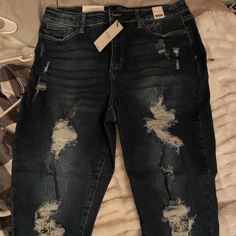 Judy Blue. Size 13. Dark washed denim distressed boyfriend style.
